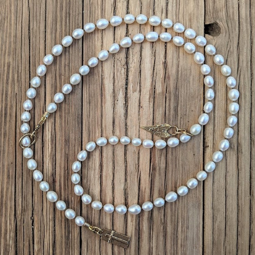 Long Pearl Necklace with Rustic Cross Pendant