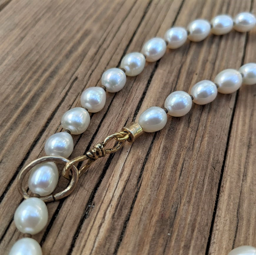 Long Pearl Necklace with Rustic Cross Pendant