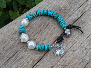 Turquoise & Big White Edison Pearl Artisan Bracelet