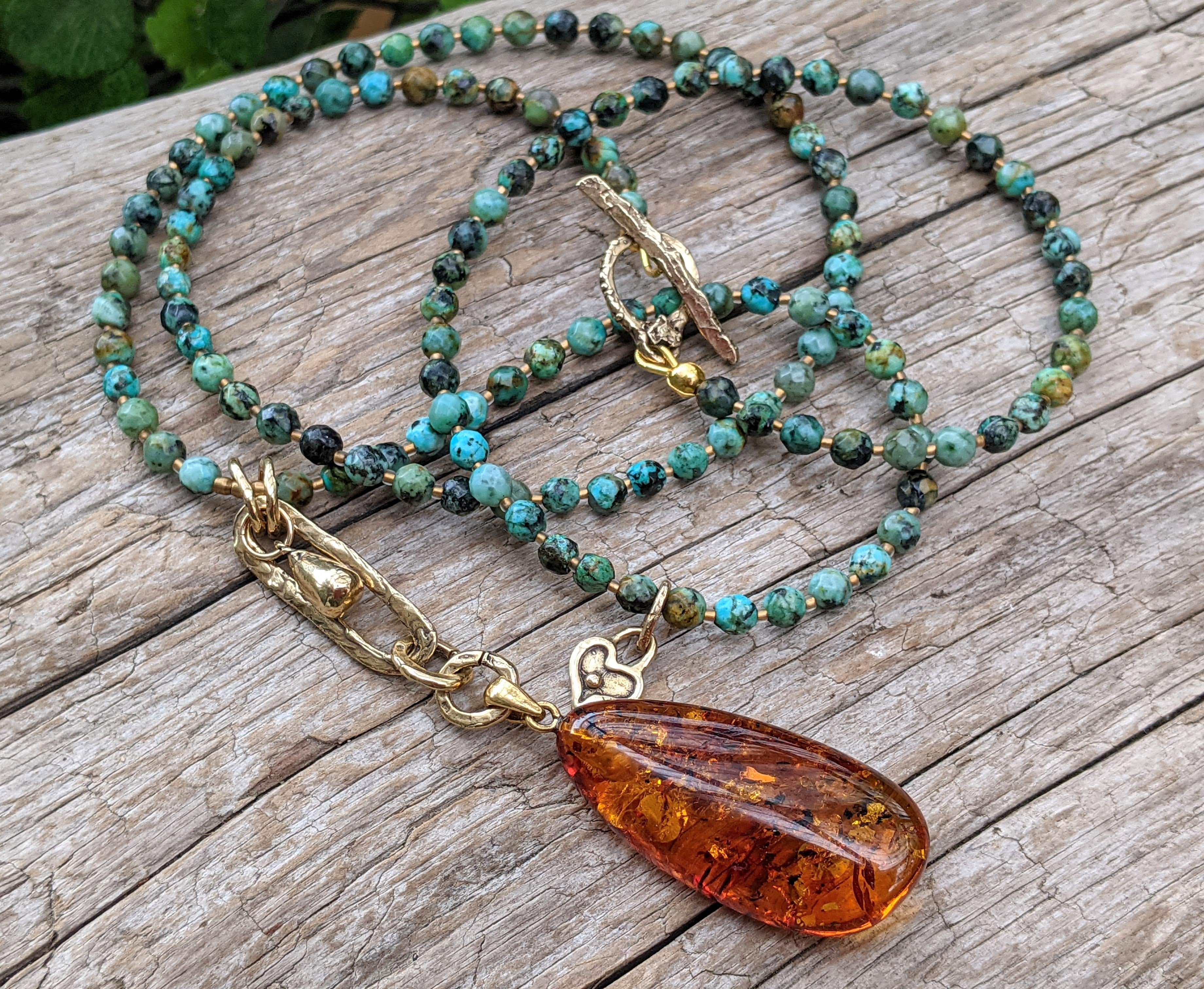 Long African Turquoise Necklace & Baltic Amber Pendant