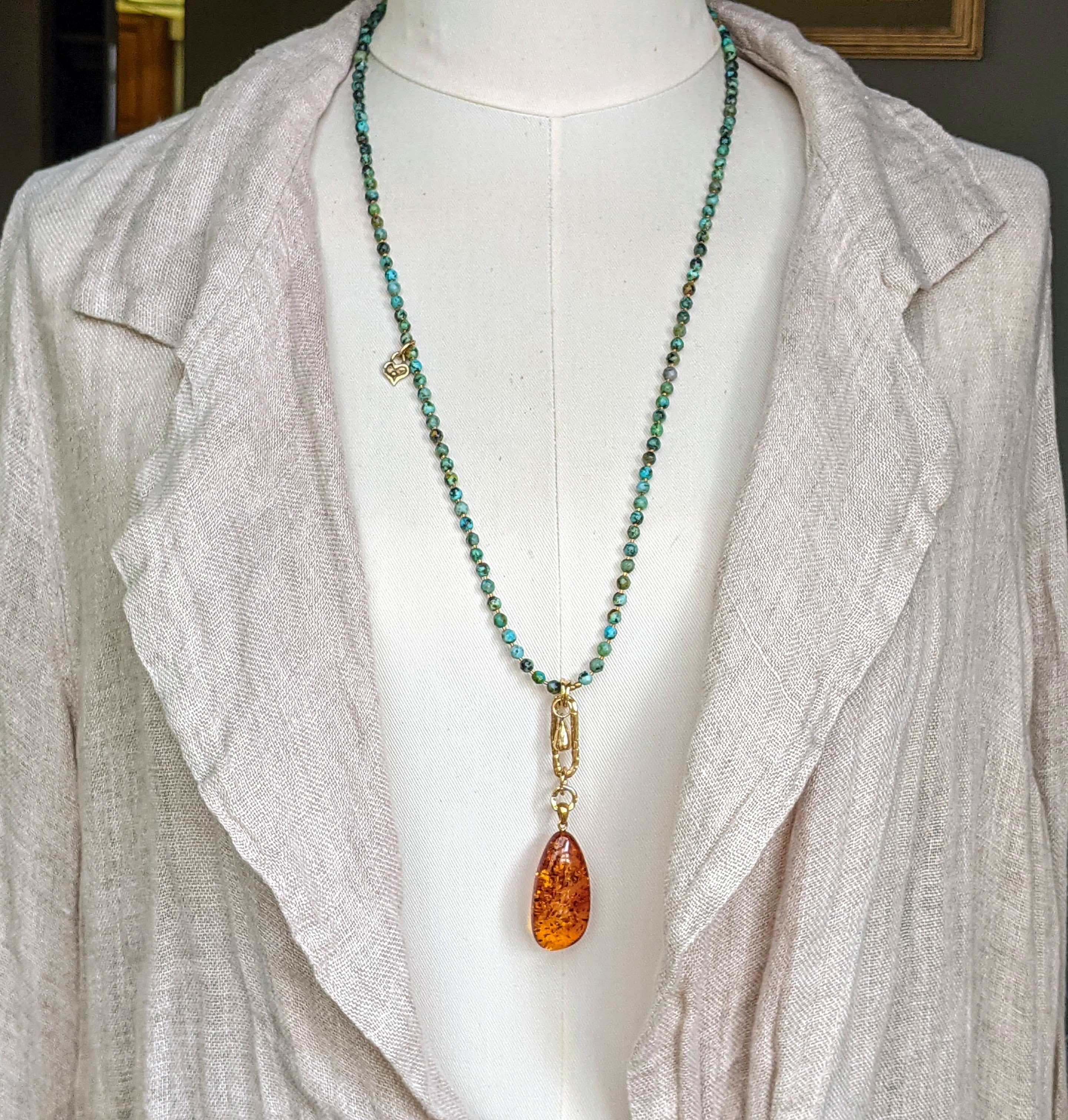 Long African Turquoise Necklace & Baltic Amber Pendant