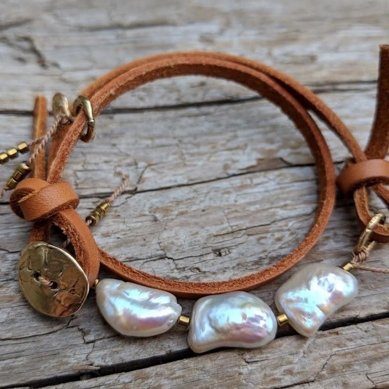 Pearl Leather wrap bracelet with heart charm and button by Aurora Creative Jewellery