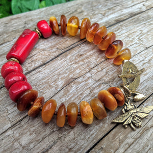 Real Baltic amber bracelet. Boho bracelet. Bohemian Jewelry. Organic bracelet. Bee, heart charms bracelet. Amber gold bracelet. Handcrafted by Aurora Creative Jewellery.