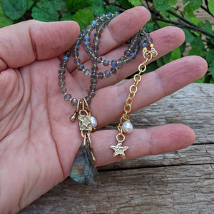 Labradorite star necklace, adjustable gemstone necklace, layering necklace, Labradorite gold necklace, Handcrafted by Aurora Creative Jewellery. 