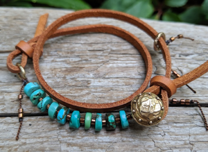 Boho Natural Turquoise Light Brown Leather Wrap Bracelet Aurora
