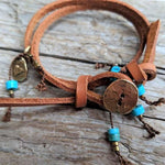 Turquoise brown leatherwrap bracelet with heart charm and button by Aurora Creative Jewellery