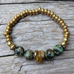 Handmade Amber & African Turquoise Gemstone Forest Green Earthy Elastic Bracelet by Aurora Creative Jewellery