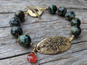 African Turquoise Gemstone & Carnelian Tree of Live Forest Green Bracelet by Aurora Creative Jewellery