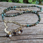 African turquoise and garnet necklace with asymmetric heart pendant with pearls and garnet by Aurora Creative Jewellery