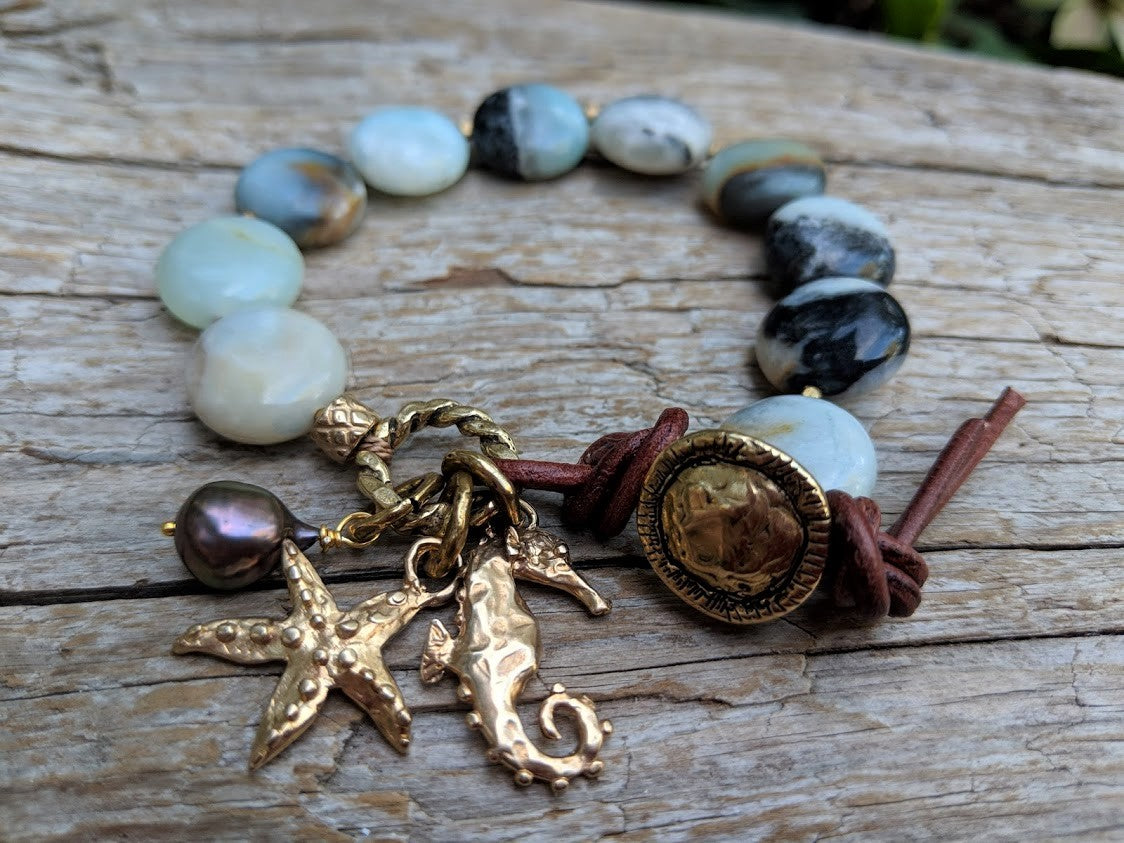 Amazonite Bracelet with Starfish and Seahorse Charms
