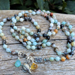 Long light blue and gray amazonite stone necklace with silver turtle, citrine, chalcedony, by Aurora Creative Jewellery