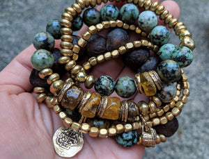 Handmade Raw Baltic Amber & African Turquoise Gemstone Forest Green Earthy Elastic Bracelet by Aurora Creative Jewellery