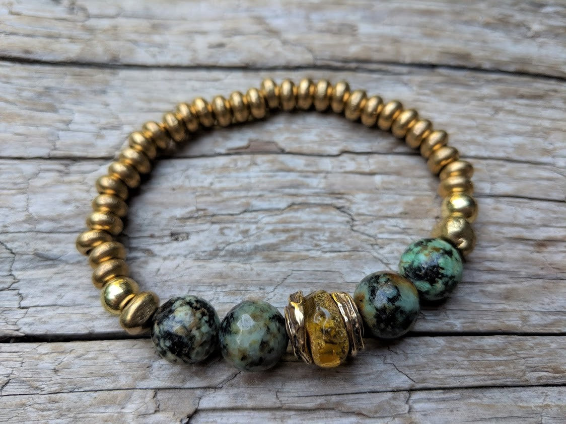 Handmade Amber & African Turquoise Gemstone Forest Green Earthy Elastic Bracelet by Aurora Creative Jewellery