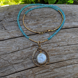 Aqua necklace. Blu gemstone necklace with big fresh water pearl pendant. Handcrafted by Aurora Creative Jewellery.