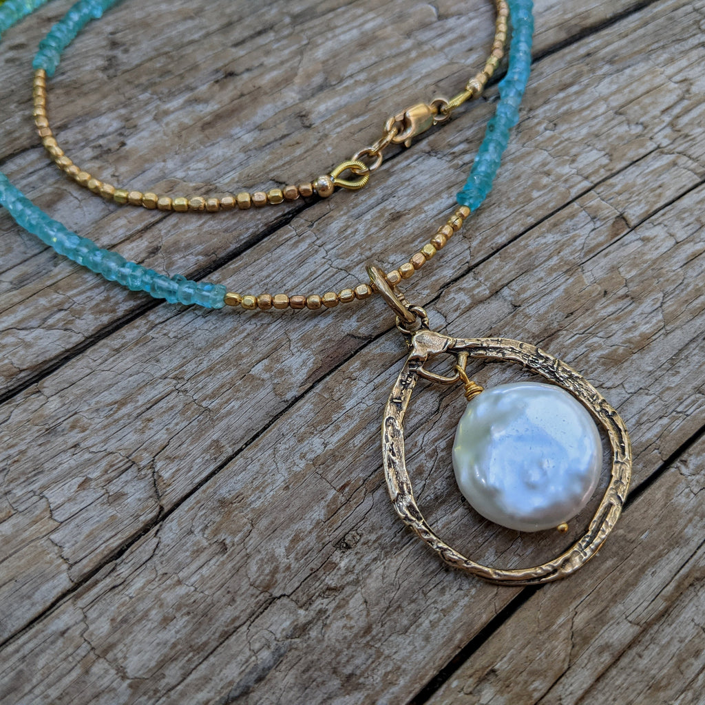 Blue apatite necklace & big white pearl pendant. Artisan necklace. Handcrafted by Aurora Creative Jewellery.