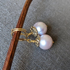 Handmade artisan pink pearl and gold drop earrings by Aurora Creative Jewellery
