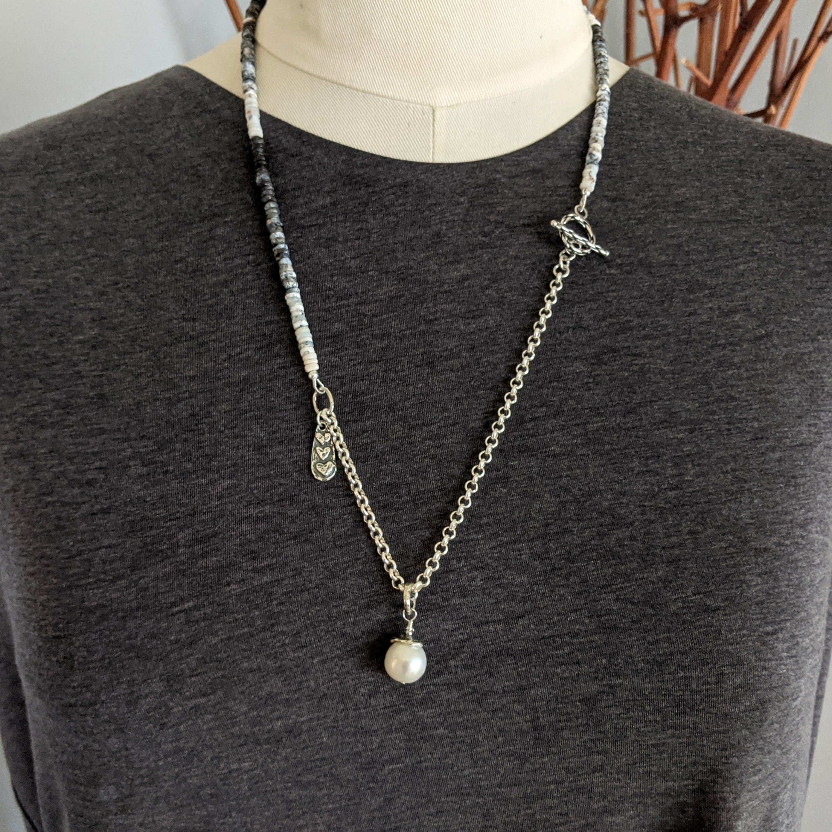 Handmade artisan long grey gemstone  necklace with dendritic opal, white Edison pearl pendant and sterling silver, design and handcrafted by Aurora Creative Jewellery.