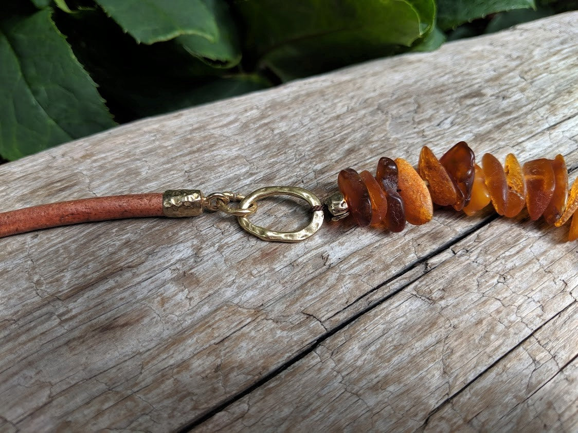 Raw Baltic Amber Chip & Leather Necklace