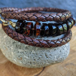 Men's Baltic amber leather wrap bracelet, designed and handcrafted by Aurora Creative Jewellery
