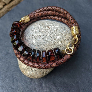 Baltic amber leather wrap bracelet for men, designed and handcrafted by Aurora Creative Jewellery