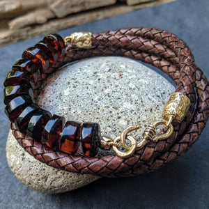 Baltic amber leather wrap bracelet for man, designed and handcrafted by Aurora Creative Jewellery