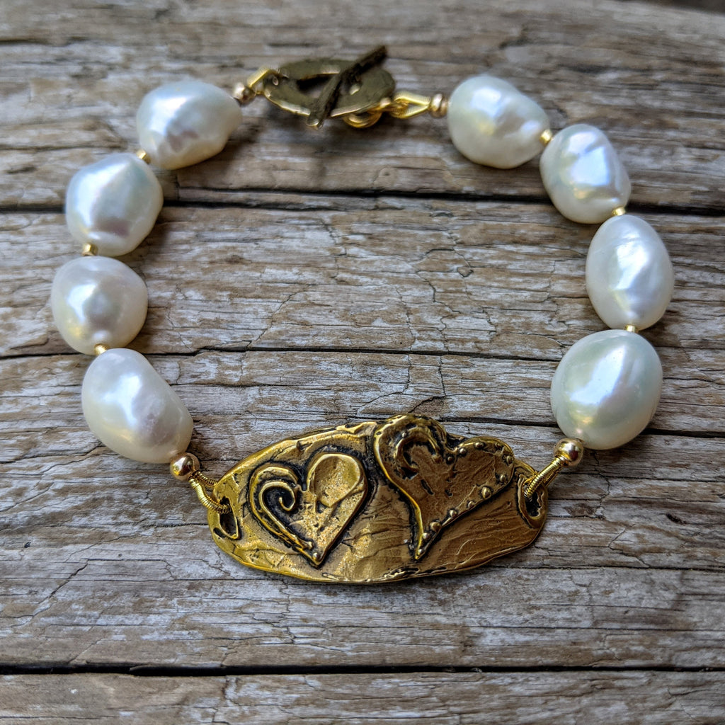 Baroque Pearl & Two Hearts Toggle Bracelet