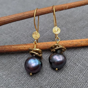 Handmade beaded black baroque pearl drop earrings by Aurora Creative Jewellery