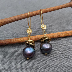 Handmade beaded black baroque pearl drop earrings by Aurora Creative Jewellery