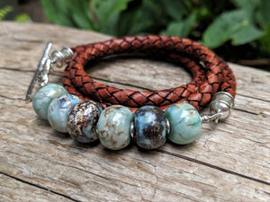 Handmade artisan large blue agate and genuine leather wrap bracelet with sterling silver toggle by Aurora Creative Jewellery 