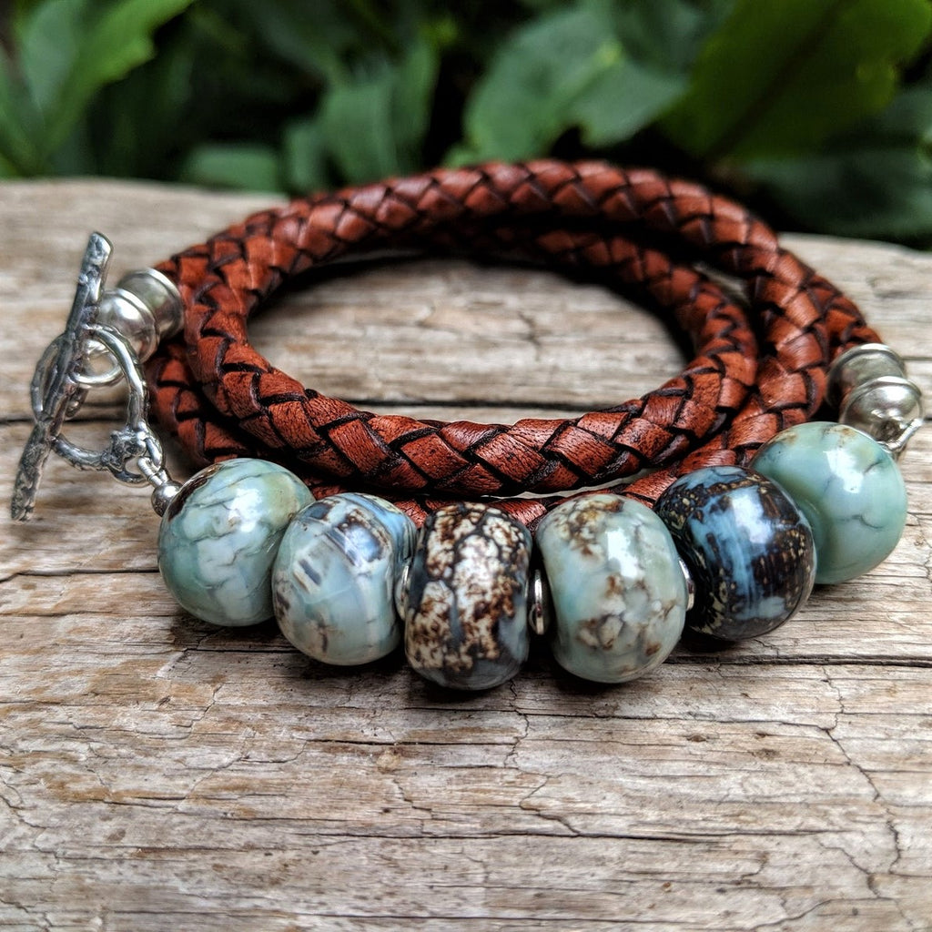 Handmade artisan large blue agate and genuine leather wrap bracelet with sterling silver toggle by Aurora Creative Jewellery 