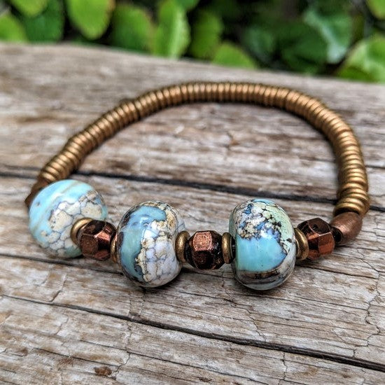 Blue agate gemstone bracelet with antique copper metal by Aurora Creative Jewellery