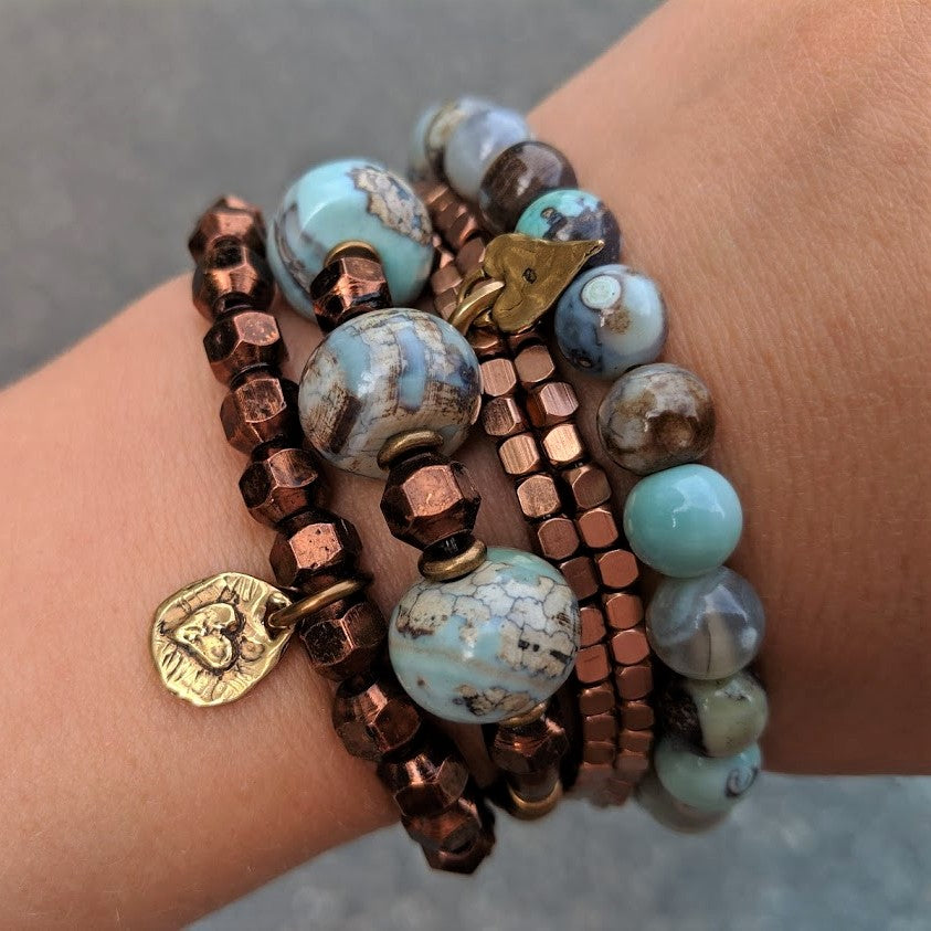 Blue agate gemstone bracelet with antique copper metal by Aurora Creative Jewellery
