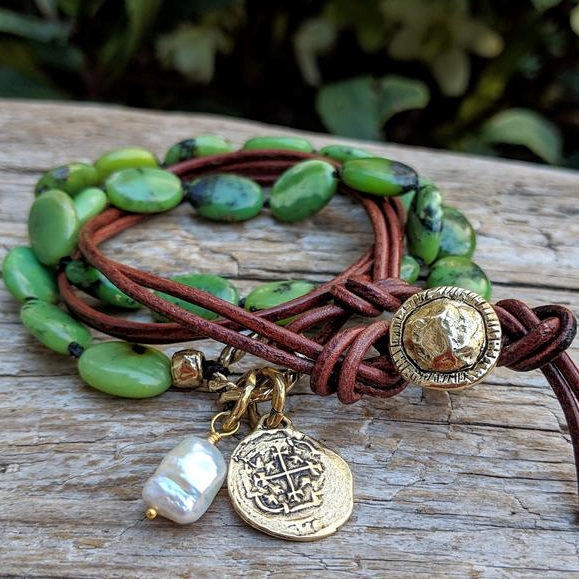 Forest green chrysoprase leather wrap bracelet necklace with freshwater pearl and Spanish coin charm, by Aurora Creative Jewellery