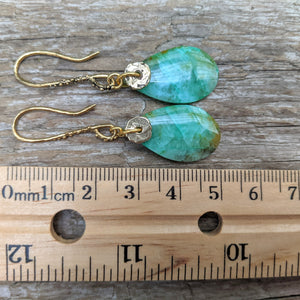 Green gemstone earrings, bronze artisan earrings, gold gemstone earrings, Chrysocolla earrings, Handcrafted by Aurora Creative Jewellery.