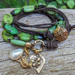 Handmade artisan chrysoprase gemstone wrap bracelet with bird and butterfly heart charms by Aurora Creative Jewellery