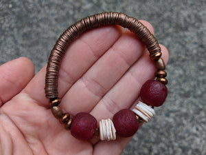 Sea Shell, Copper & Burgundy Recycled Glass Elastic Bracelet. Wear it on its own or in a stack! By Aurora Creative Jewellery