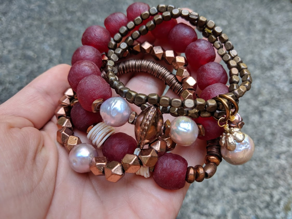 Pink Pearl & Copper Elastic Geometric Bracelet by Aurora Creative Jewellery