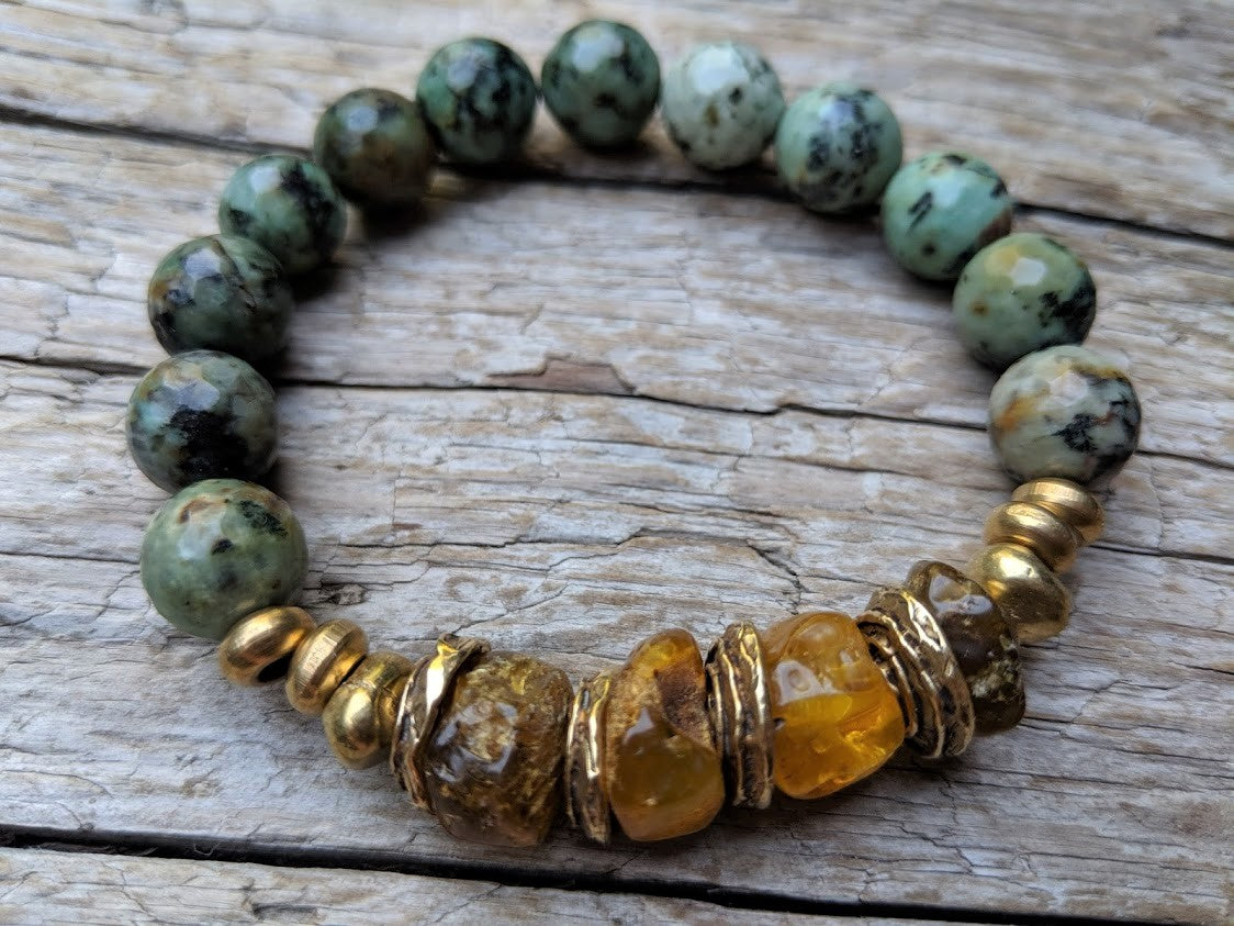 Handmade Raw Baltic Amber & African Turquoise Gemstone Forest Green Earthy Elastic Bracelet by Aurora Creative Jewellery