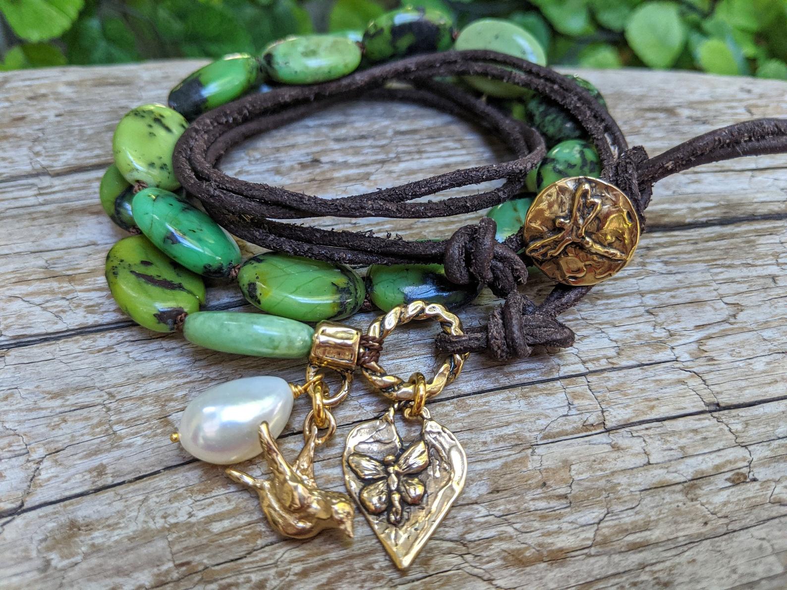 Handmade artisan chrysoprase gemstone wrap bracelet with bird and butterfly heart charms by Aurora Creative Jewellery