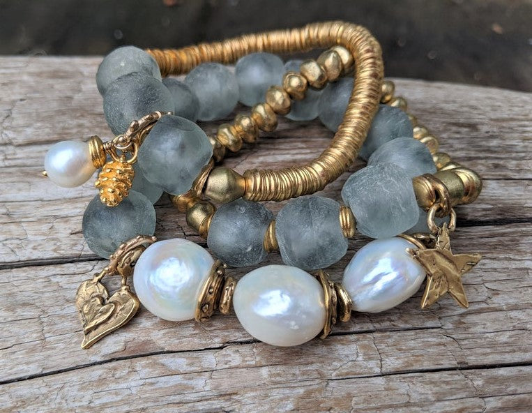 Large white Edison pearl bracelet with blue gray recycled glass and handmade artisan gold bronze charms