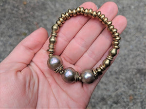 Three Champagne Pink Pearl & African Brass Elastic Bracelet by Aurora Creative Jewellery