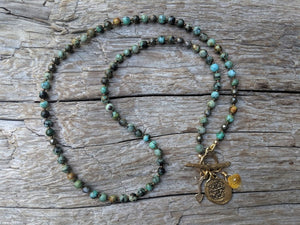 Handmade African Turquoise Gemstone wrap bracelet necklace 2in1 with rustic Spanish coin reproduction charm by Aurora Creative Jewellery