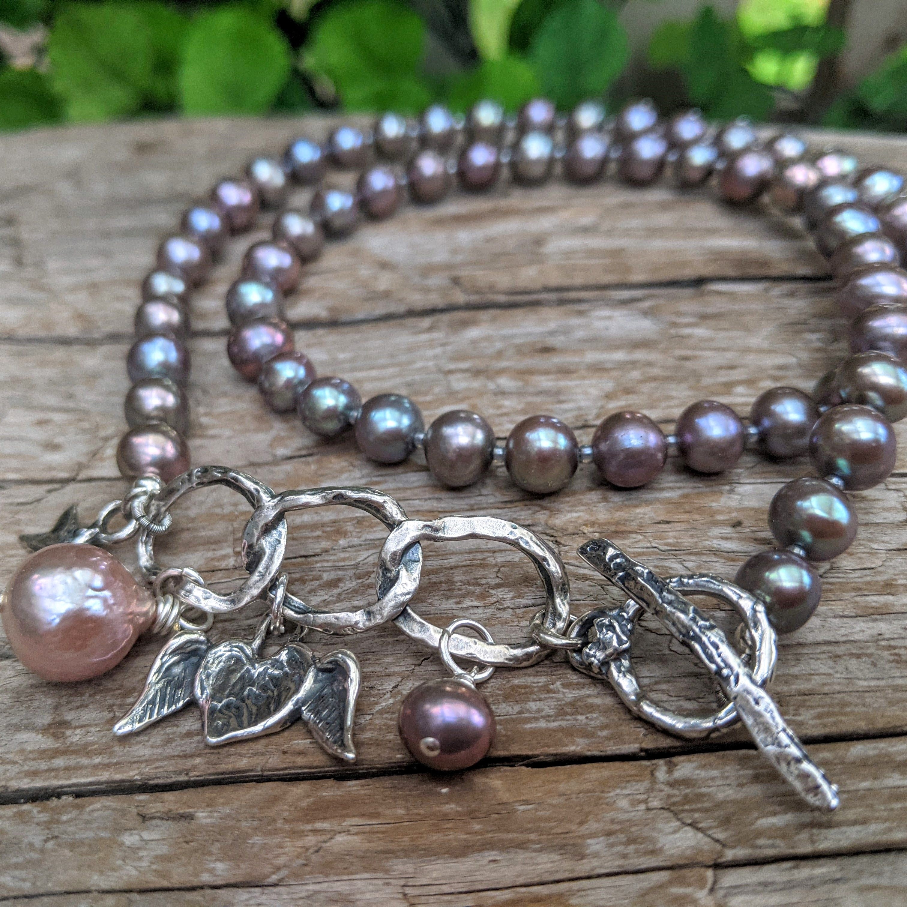 Grey pearl necklace, organic jewelry, rustic necklace, chunky necklace, Pink Edison pearl pendant , one of a kind necklace handcrafted by Aurora Creative Jewellery.