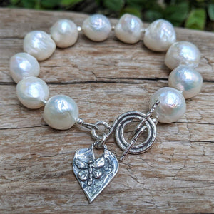 Large white Edison pearl bracelet with sterling silver toggle and heart charm by Aurora Creative Jewellery