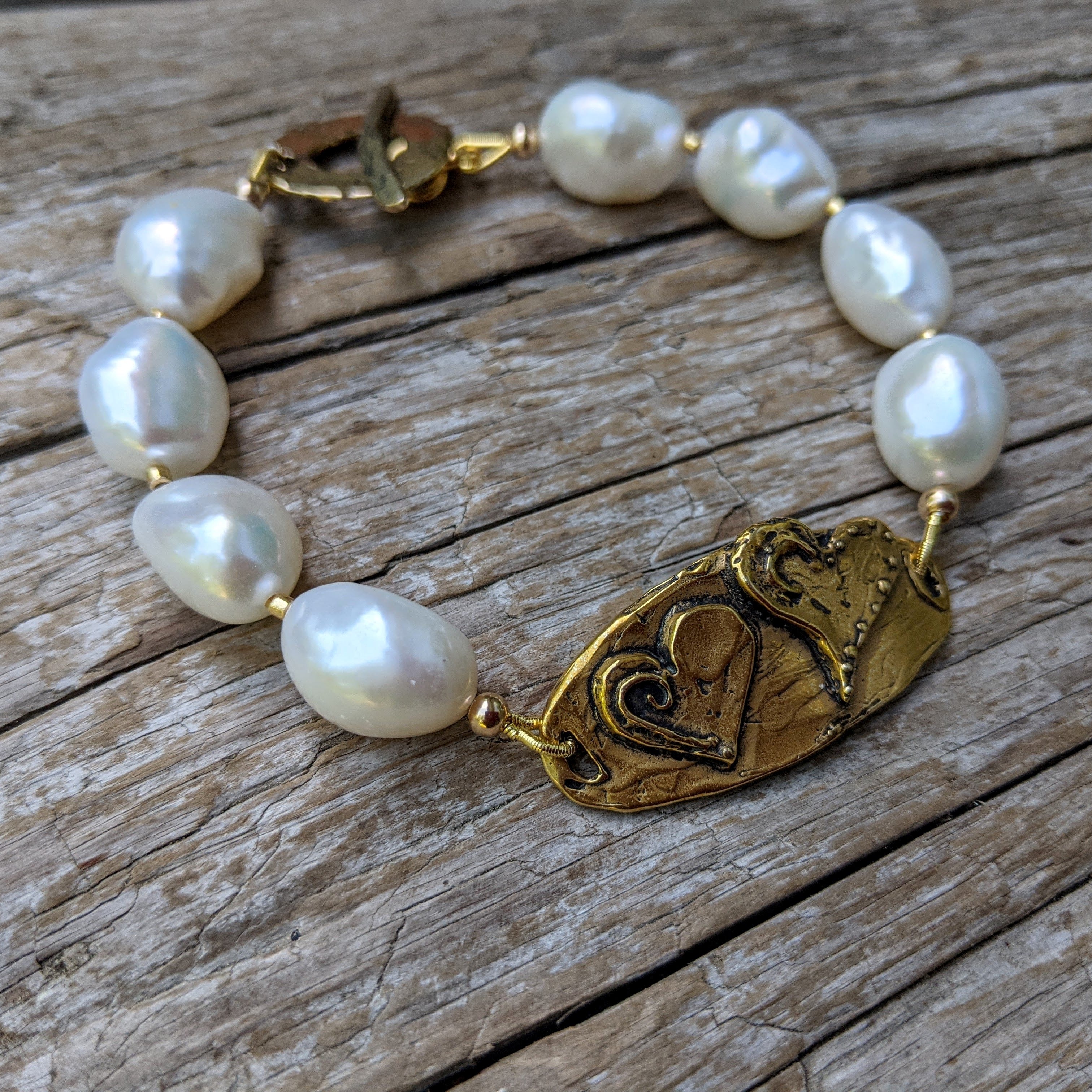 Baroque Pearl & Two Hearts Toggle Bracelet