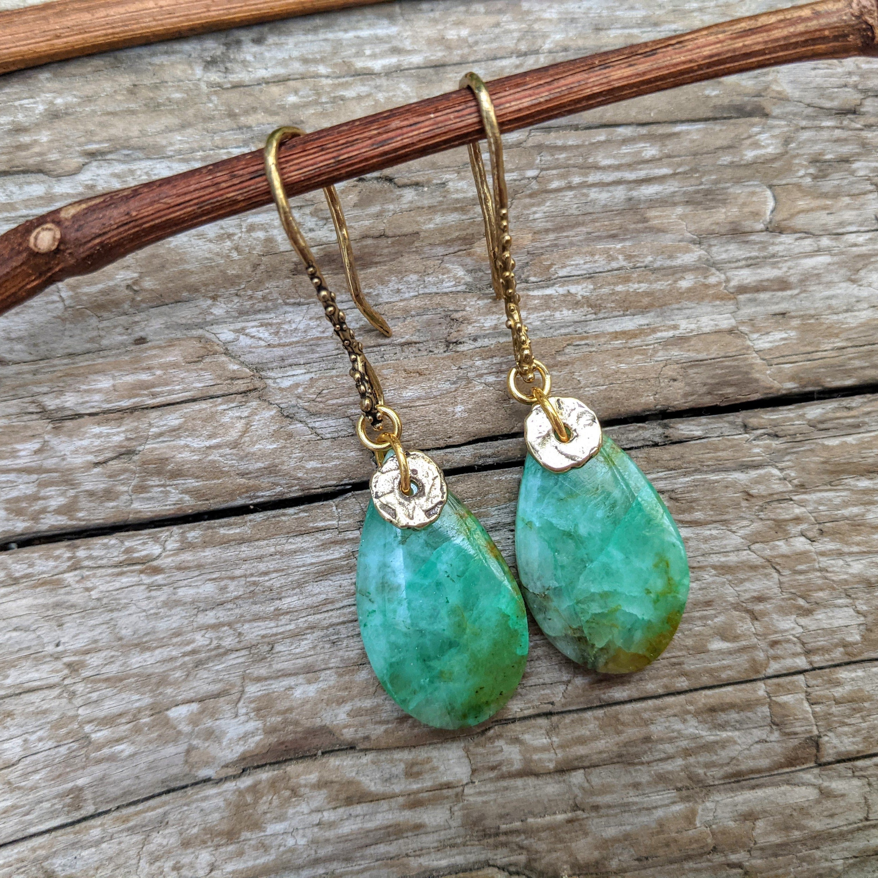 Chrysocolla green earrings, boho earrings, bohemian style earrings, dangle gemstone earrings, organic earrings. Handcrafted by Aurora Creative Jewellery.