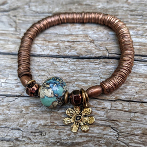 Blue Agate Gemstone, Flower Charm & Antique Copper Elastic Bracelet