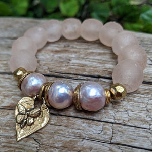 Three Pink Pearls & Sea Glass Elastic Bracelet with Heart Charm
