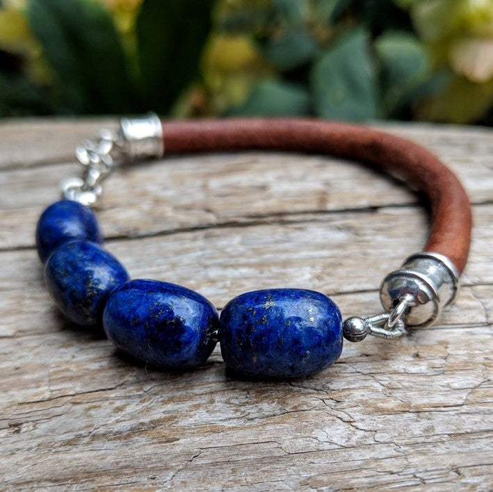 Large lapis lazuli leather bracelet with sterling silver (for men), by Aurora Creative Jewellery