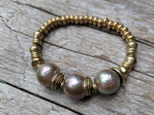 Three Champagne Pink Pearl & African Brass Elastic Bracelet by Aurora Creative Jewellery